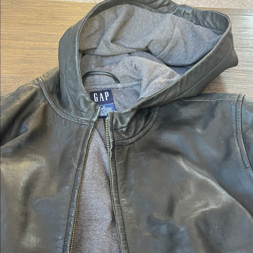 GAP Women's Black Leather Jacket with Hood